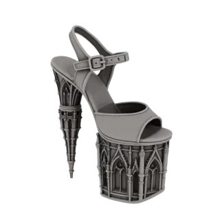 3D модель шпильки с платформой, с детализированной архитектурой готического собора на каблуке и основании.