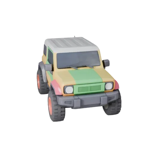 3D-модель мультяшного компактного внедорожника, вид в три четверти в студии, стилизованный игровой ресурс с увеличенным дорож