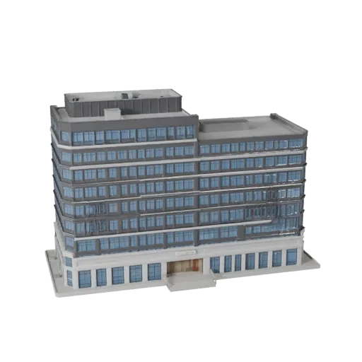 3D модель корпоративной штаб-квартиры, готовая к использованию в Blender, вид рендера студии Blender, показывающий материалы