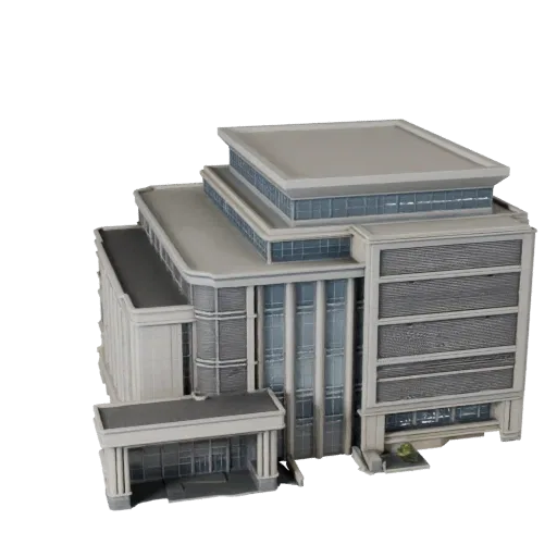 Высокополигональная 3D модель электрической подстанции, крупный план архитектурного рендера, показывающий промышленные строит