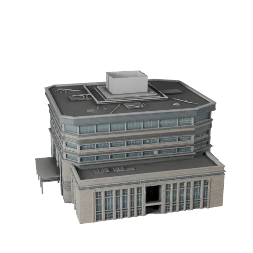 Высокополигональная 3D модель конференц-центра, крупный план архитектурного рендера, показывающий материалы общедоступного зд