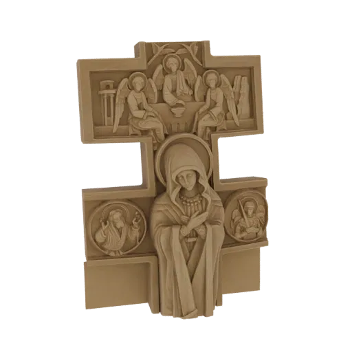 3D модель православного креста с Богоматерью, ангелами и библейскими сценами, выполненная в текстуре светлого дерева.