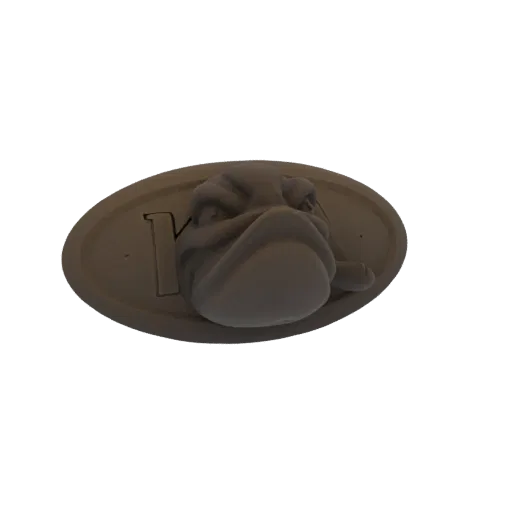 Рендер 3D модели лица сердитой рыбы в овальной эмблеме с едва заметной цифрой '1' позади.