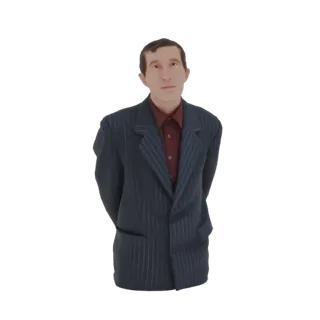 3D модель мужчины в темно-синем костюме в полоску и бордовой рубашке, стоящего со сложенными за спиной руками.