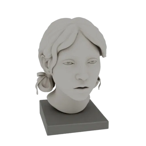 3D рендер классического скульптурного бюста молодой женщины с убранными волосами, установленный на сером постаменте.