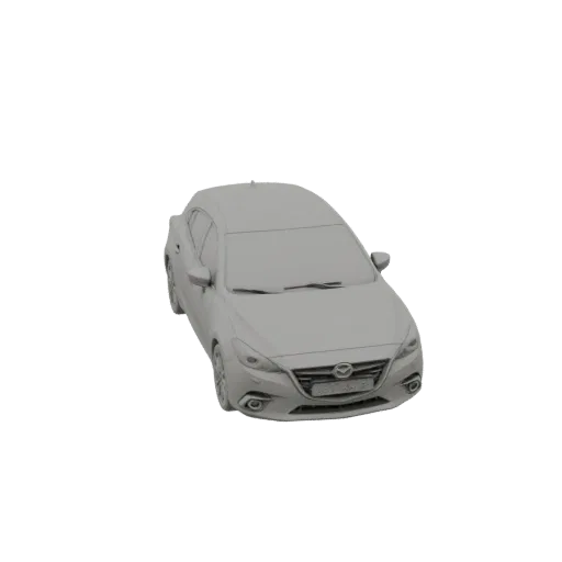 Рендер 3D модели серого Mazda 3 Hatchback, вид спереди под углом три четверти на белом фоне.
