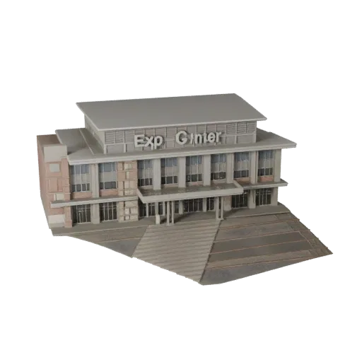 Реалистичная 3D модель Экспоцентра, вид снаружи под углом три четверти, показывающий материалы общедоступного здания и архите