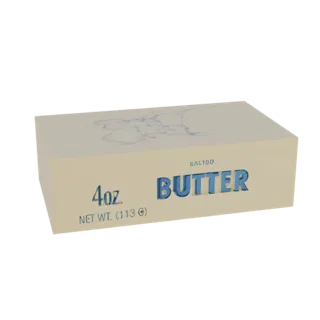 3D-рендер классической коробки масла с синей надписью 'BUTTER' и маркировкой '4oz. NET WT. (113 G)' на светло-бежевом фоне.