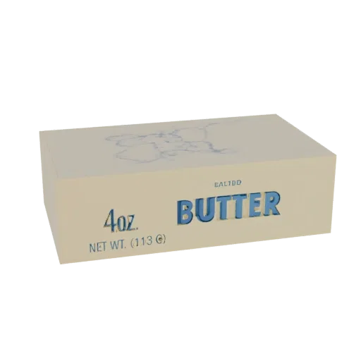 3D-рендер классической коробки масла с синей надписью 'BUTTER' и маркировкой '4oz. NET WT. (113 G)' на светло-бежевом фоне.
