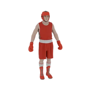 3D модель боксера-чемпиона в красной форме, красных перчатках и красном шлеме, стоящего в боевой стойке на белом фоне.
