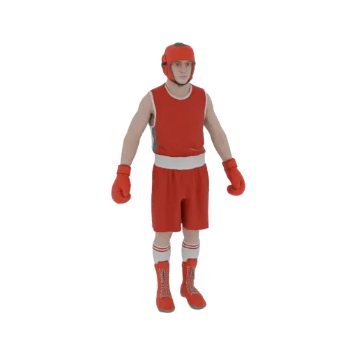 3D модель боксера-чемпиона в красной форме, красных перчатках и красном шлеме, стоящего в боевой стойке на белом фоне.