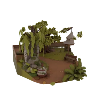 3D модель парка усадьбы Абрамцево с деревянной беседкой, плакучими березами, скамьей и тропинкой