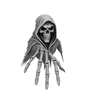 Серая 3D модель скелетной руки Жнеца, протянутой вперед, с видимой тканью истлевшего плаща.