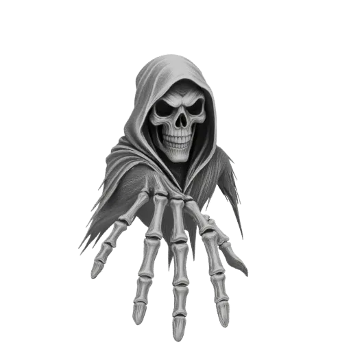 Серая 3D модель скелетной руки Жнеца, протянутой вперед, с видимой тканью истлевшего плаща.
