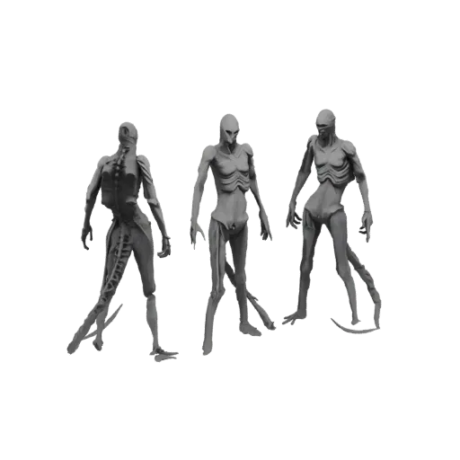 3D рендер трех исхудавших, похожих на инопланетян фигур, стоящих на черном фоне, демонстрирующих их скелетные черты и вытянут
