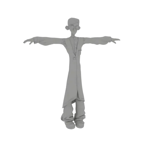 Стилизованная 3D модель персонажа ученого в позе T-pose, в лабораторном халате и очках, на белом фоне.
