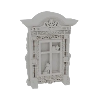 3D модель белой, искусно резной русской оконной рамы с двумя кошками внутри.