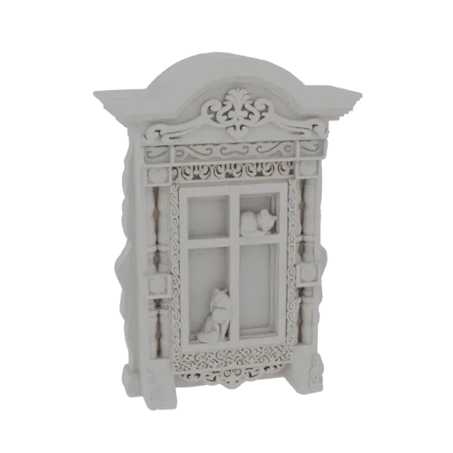 3D модель белой, искусно резной русской оконной рамы с двумя кошками внутри.