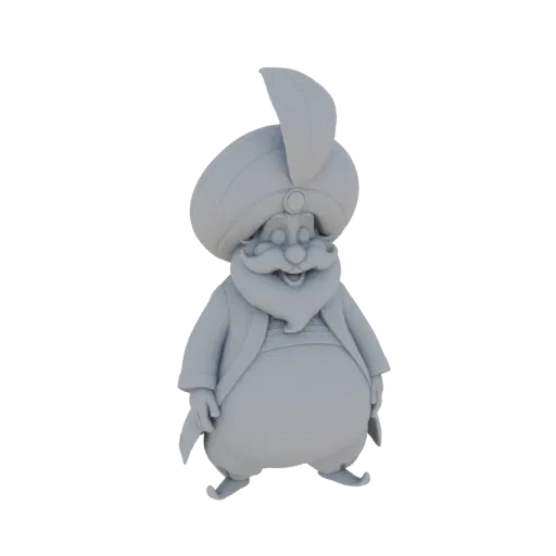 3D рендер пухлого, мультяшного джинна в большом, красочном тюрбане с дружелюбной улыбкой, изолированный на белом фоне.