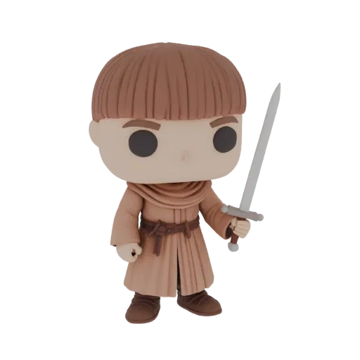 3D модель монаха в стиле Funko Pop, в коричневой мантии с мечом, на белом фоне.