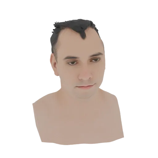3D рендер мужского бюста, созданного ИИ, с короткими темными волосами и нейтральным выражением лица, на белом фоне.