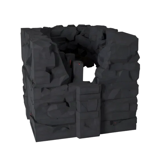 Низкополигональная 3D модель пещеры с лавой, вид с трех четвертей в игровом вьюпорте, показывающий старый камень, лавовые кан