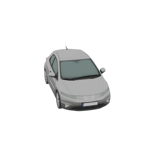 3D-рендер серебристого автомобиля-хэтчбека, вид с немного приподнятого передне-правого угла на черном фоне.