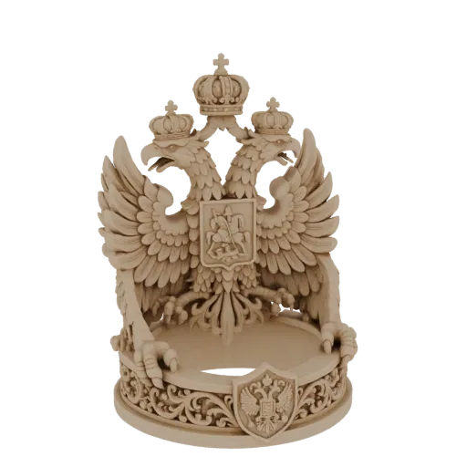 3D модель подставки герб двуглавого орла с двумя коронами и сложным основанием.