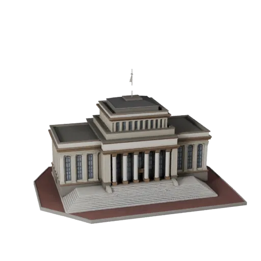 Стилизованная 3D модель городского зала, изометрический вид стилизованной игровой среды, показывающий материалы общественного
