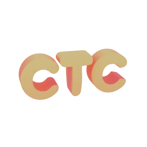 3D модель букв 'CTC' с тёплым жёлто-оранжевым градиентом к розовому, представленная на белом фоне.