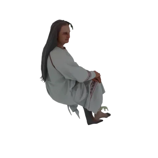 3D модель женщины с длинными темными волосами, в белом традиционном платье с красной отделкой, грациозно сидящей.