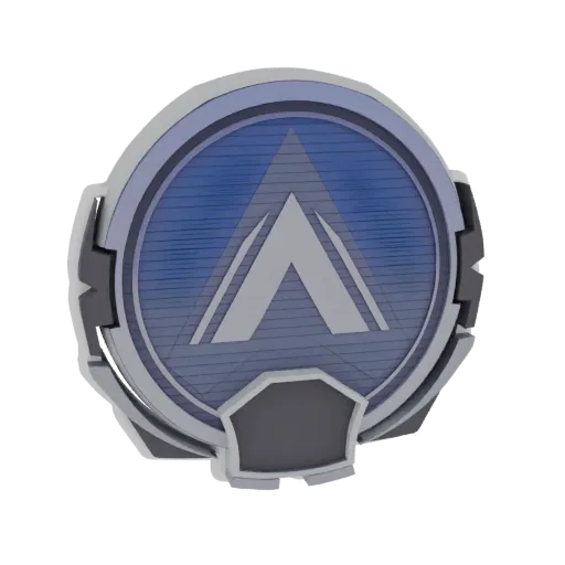 3D-модель эмблемы Pathfinder из Apex Legends со стилизованным логотипом 'A' на синем фоне с детализацией механических элемент
