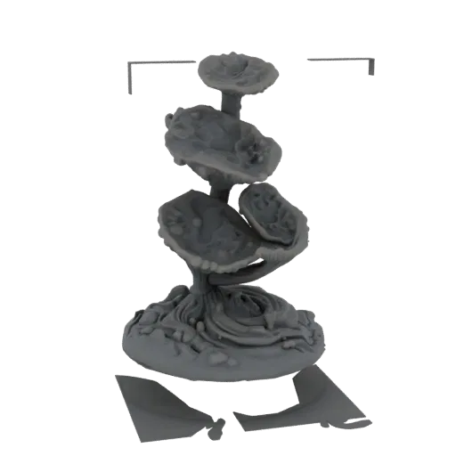 Рендер 3D модели инопланетного грибного кластера с многослойными шляпками и текстурированным основанием на белом фоне.