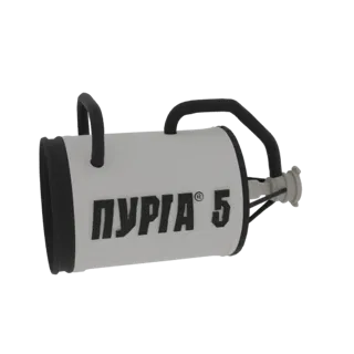 3D модель белого промышленного пылесоса с черными ручками и логотипом "Пурга 5", вид сбоку.