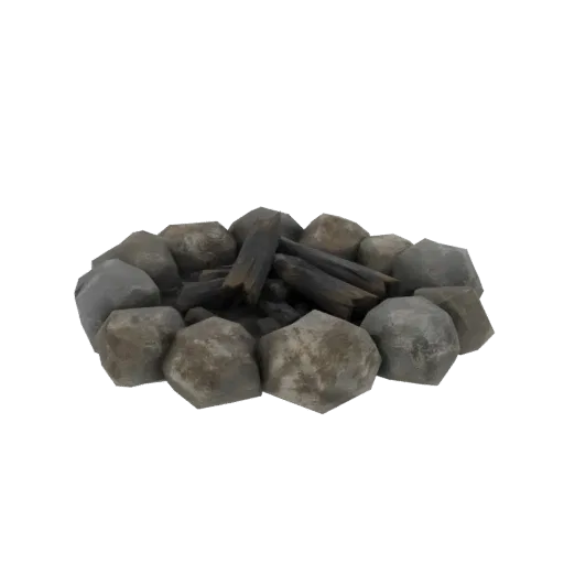 3D модель деревенского каменного костра с обугленными поленьями внутри на белом фоне.