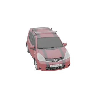 3D модель красного универсала Nissan Note с серебристыми рейлингами на крыше, вид спереди справа под небольшим углом.