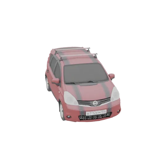 3D модель красного универсала Nissan Note с серебристыми рейлингами на крыше, вид спереди справа под небольшим углом.