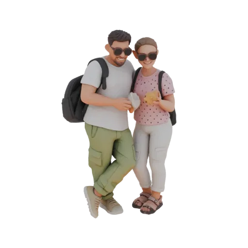 3D модель улыбающейся пары, мужчины и женщины, позирующих вместе, в солнцезащитных очках и повседневной одежде, держащих мале