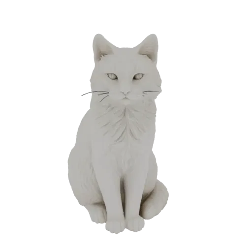 Белая 3D модель кошки в мраморном стиле, сидящая прямо и смотрящая вперед, с детализированной текстурой шерсти и тонкими усам