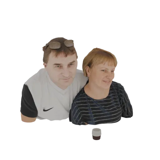 3D модель мужчины и женщины вместе, мужчина в очках на голове, контейнер на переднем плане.