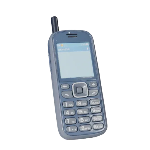 Компактный ретро-мобильный телефон: реалистичная 3D-модель, трехчетвертной студийный рендер, демонстрирующий стеклянные экран