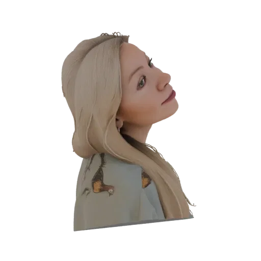 3D-модель женщины со светлыми волосами, смотрящей вверх с задумчивым выражением, на черном фоне.