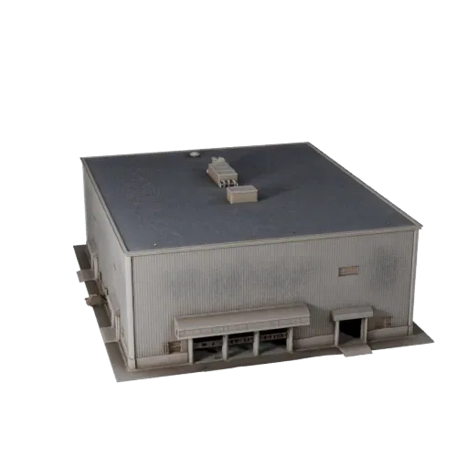 Печатная STL 3D модель здания дата-центра, изометрический вид, показывающий промышленные строительные материалы и архитектурн