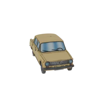 3D модель бежевого советского седана 1980-х годов, вид с немного приподнятого передне-левого угла.