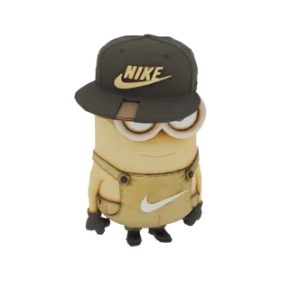 3D модель персонажа Миньона в черной бейсболке Nike и комбинезоне цвета хаки с логотипом Nike, стоящего на белом фоне.