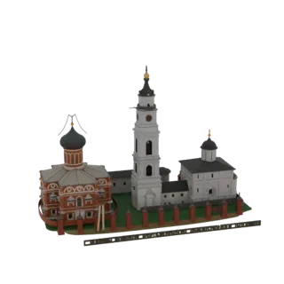 3D-модель православного монастыря с высокой белой колокольней, краснокирпичной церковью и окружающей стеной.