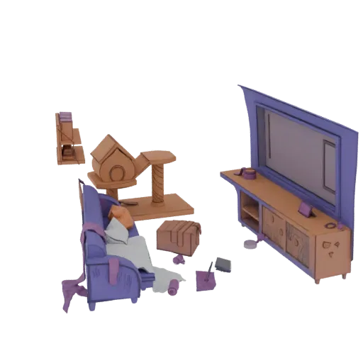 3D модель уютной гостиной с фиолетовым диваном, когтеточкой, тумбой под ТВ и различными домашними аксессуарами, на черном фон