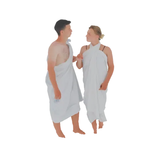 3D модель пары, стоящей близко друг к другу, оба в струящихся белых драпированных одеждах, смотрят друг на друга.