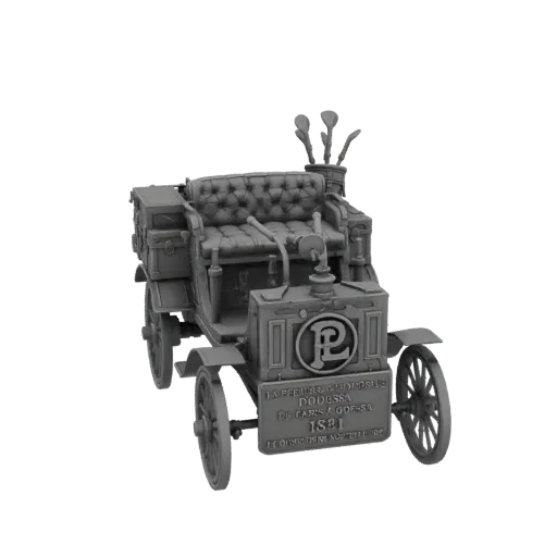 3D model of a grey, vintage automobile from 1891 with luggage and golf clubs, viewed from a three-quarter front angle.