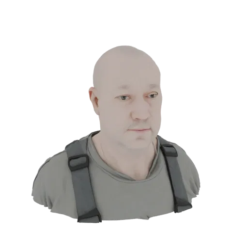3D рендер лысого мужчины в серой футболке и темном комбинезоне, смотрящего в сторону.